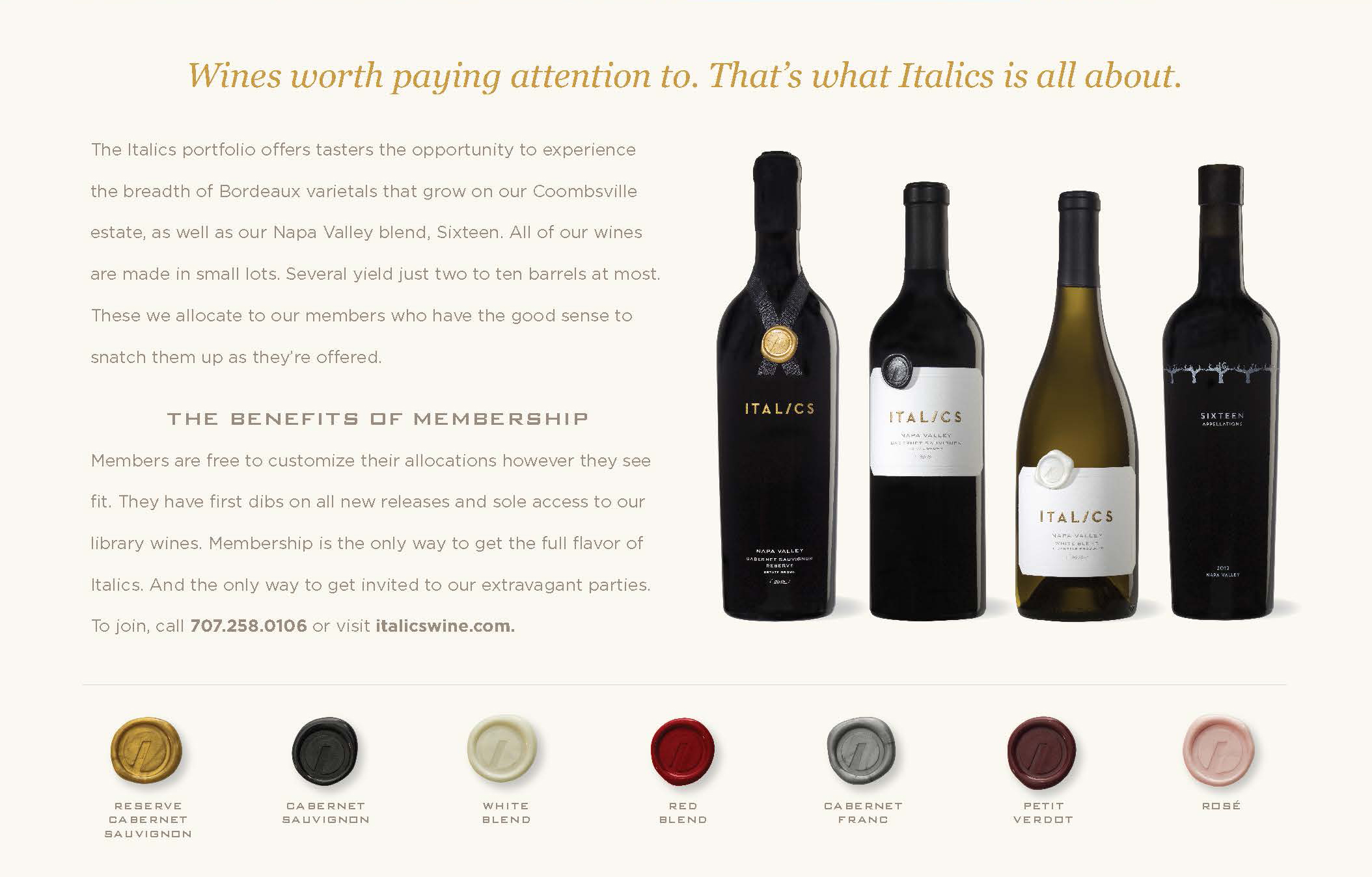 On the back, a peek at the packaging, icons for all the varietals produced, and a pitch to join the wine club.