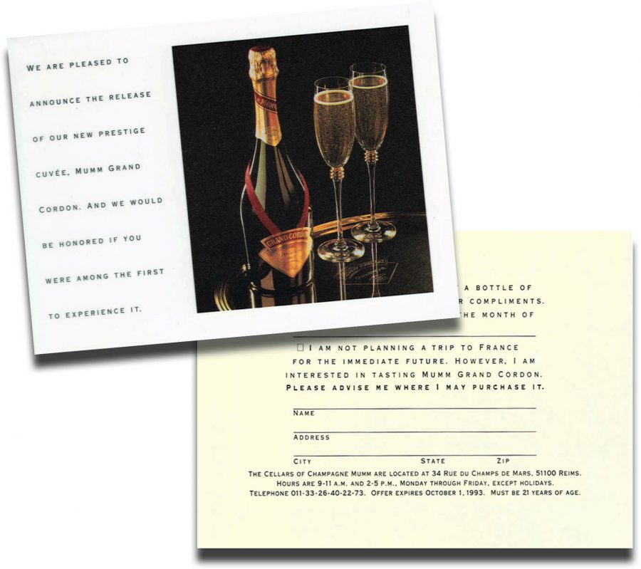 Tongue-in-cheek reply card offers recipients a free bottle and asks when they can be expected to claim it at the winery . . . in France.